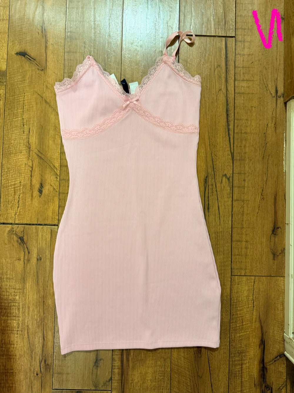 Women's Pink Ribbed Lace-Trim Slip